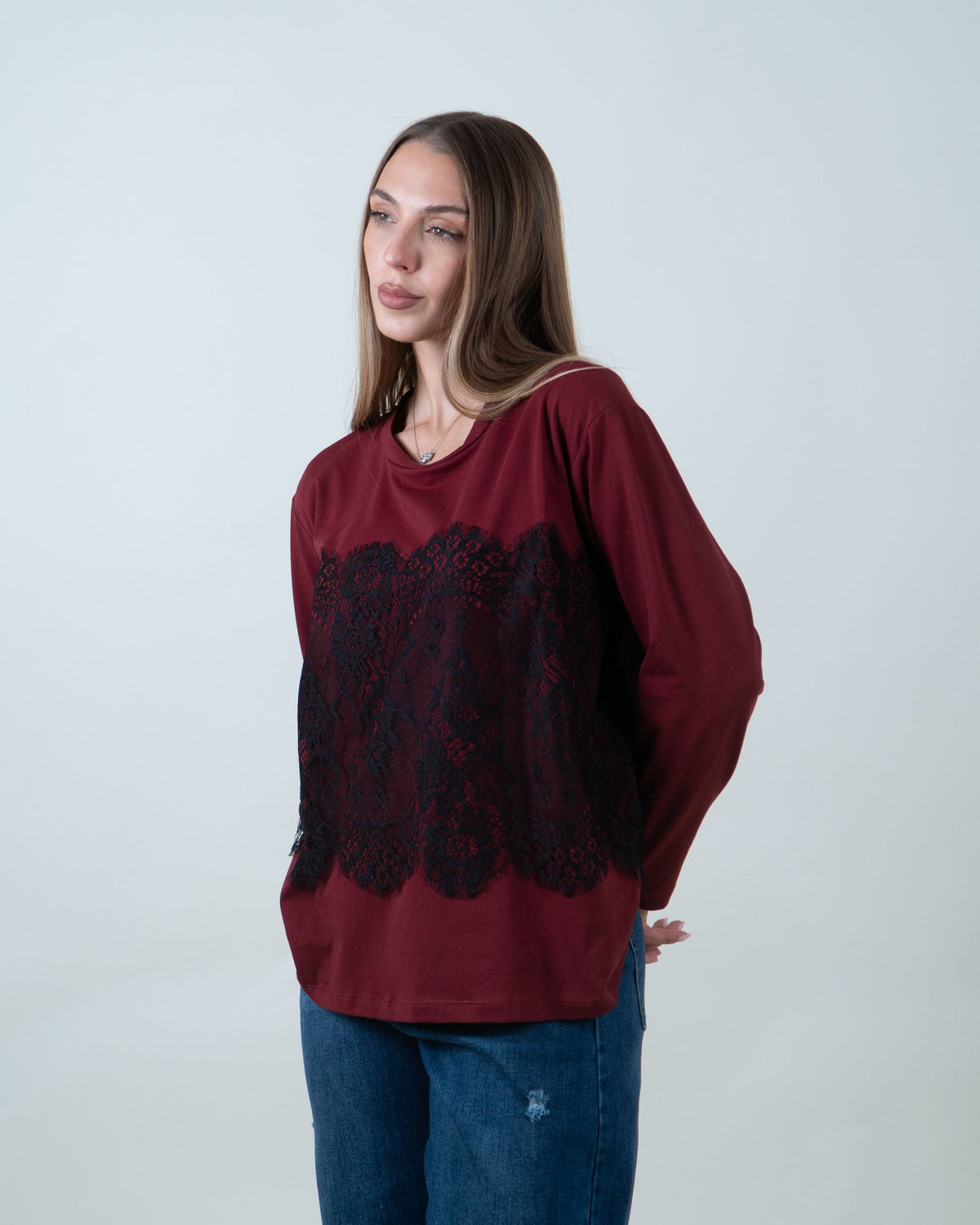 Maglia con inserto in pizzo|Colore:Bordeaux