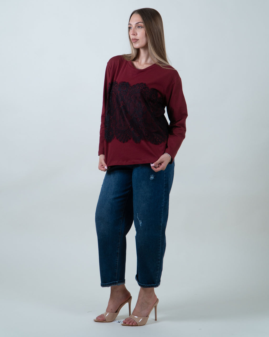 Maglia con inserto in pizzo|Colore:Bordeaux