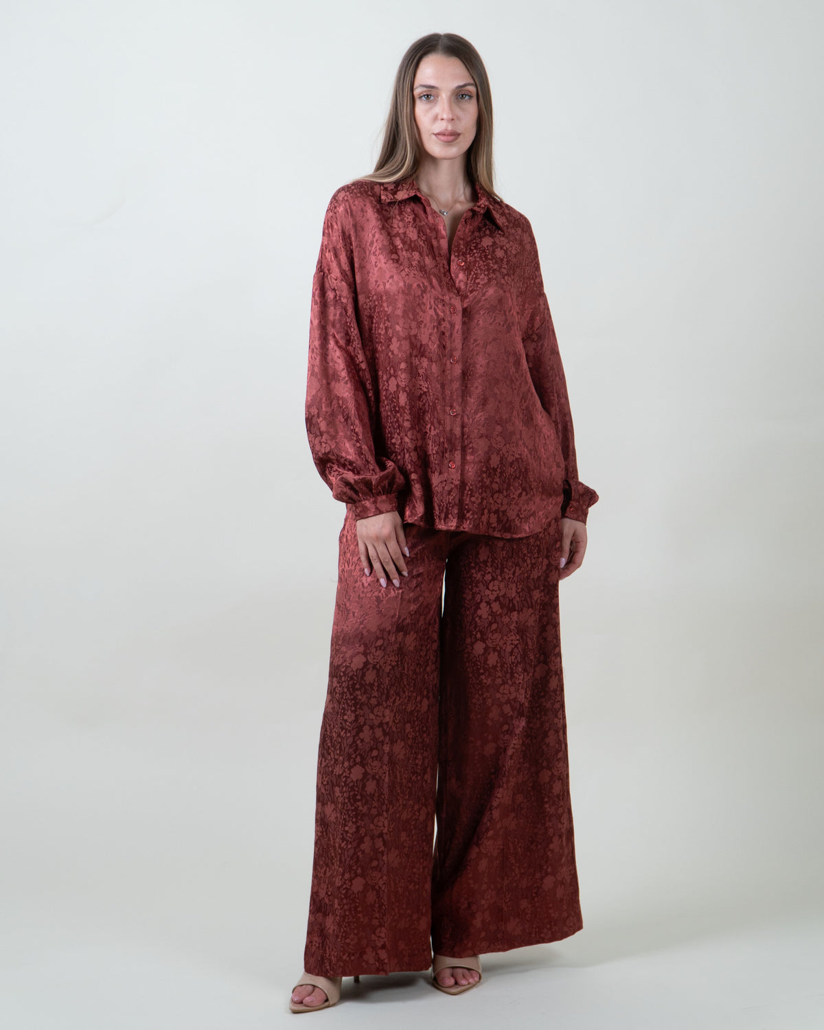 Pantaloni bordeaux satinati in jacquard|Colore:Bordeaux
