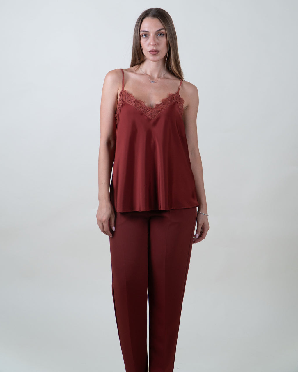 Top lingerie satinato con pizzo|Colore:Mattone