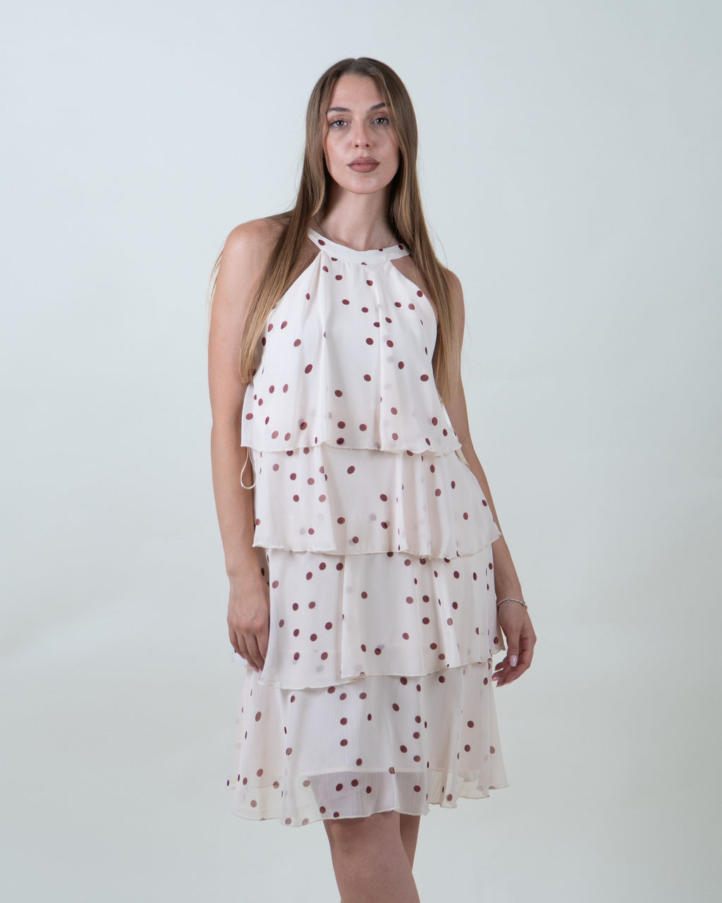 Abito midi a balze con stampa pois|Colore:Tegola 3