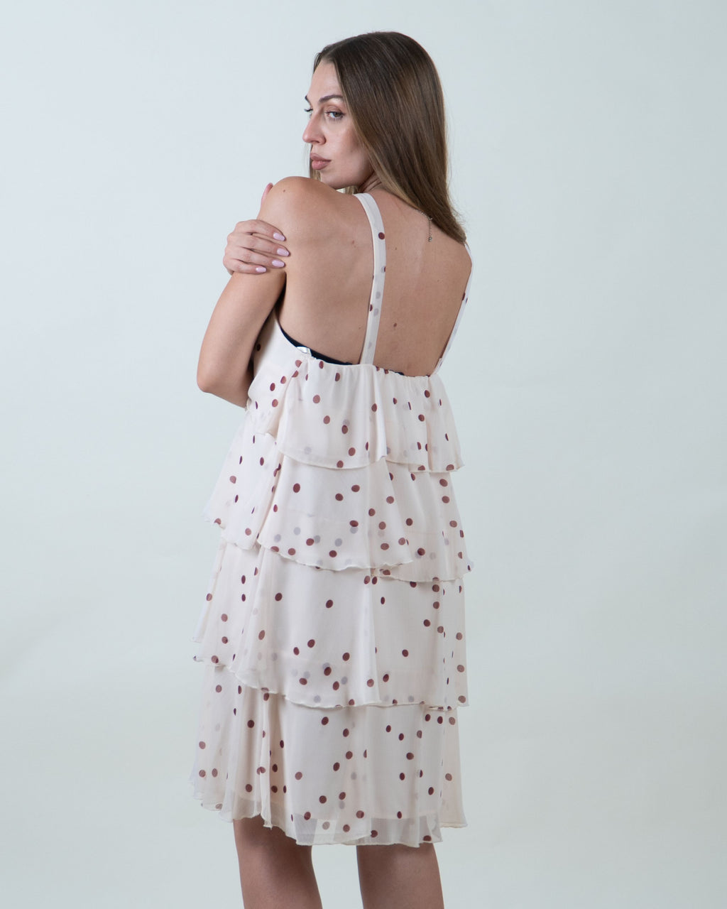 Abito midi a balze con stampa pois|Colore:Tegola 3