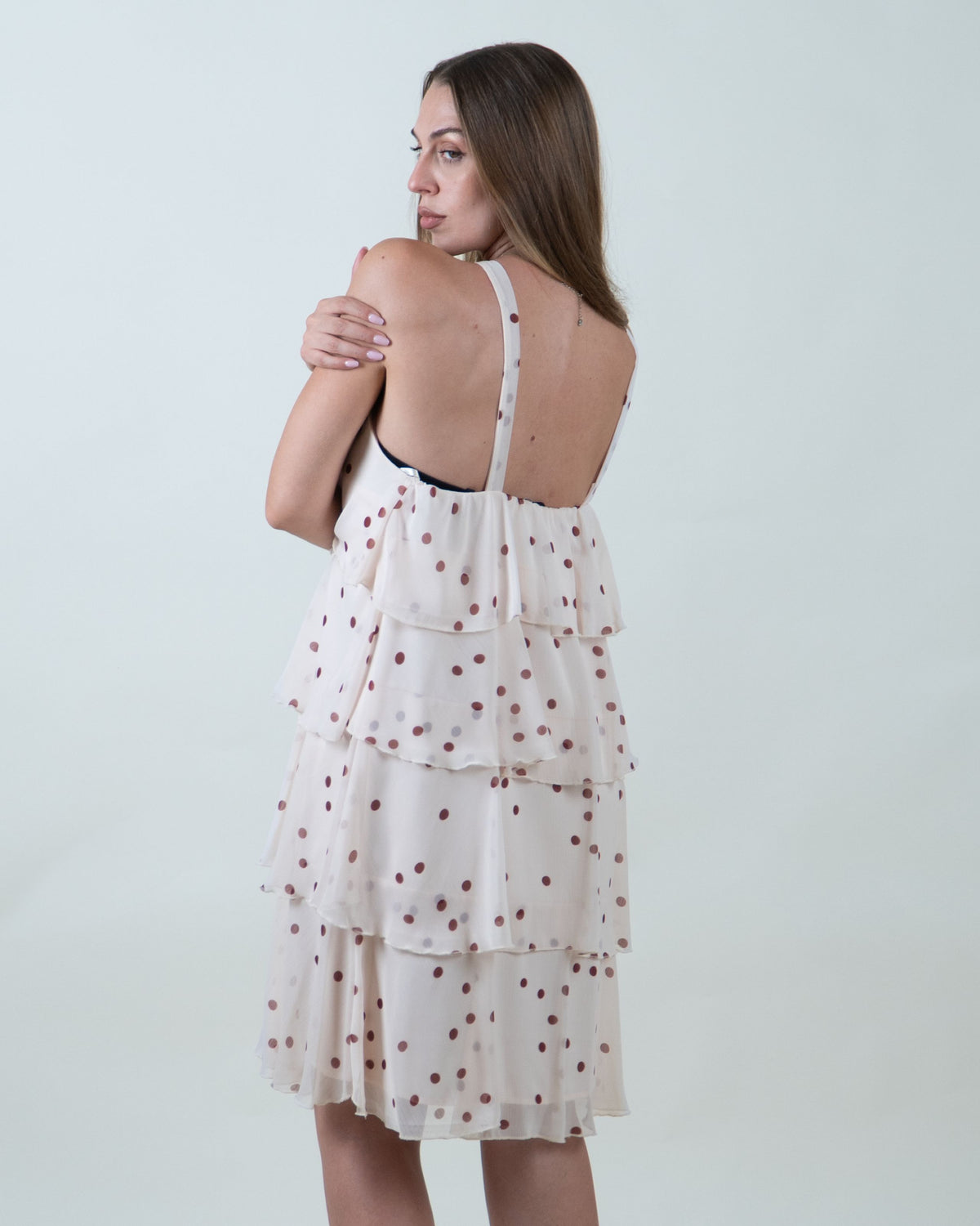 Abito midi a balze con stampa pois|Colore:Tegola 3