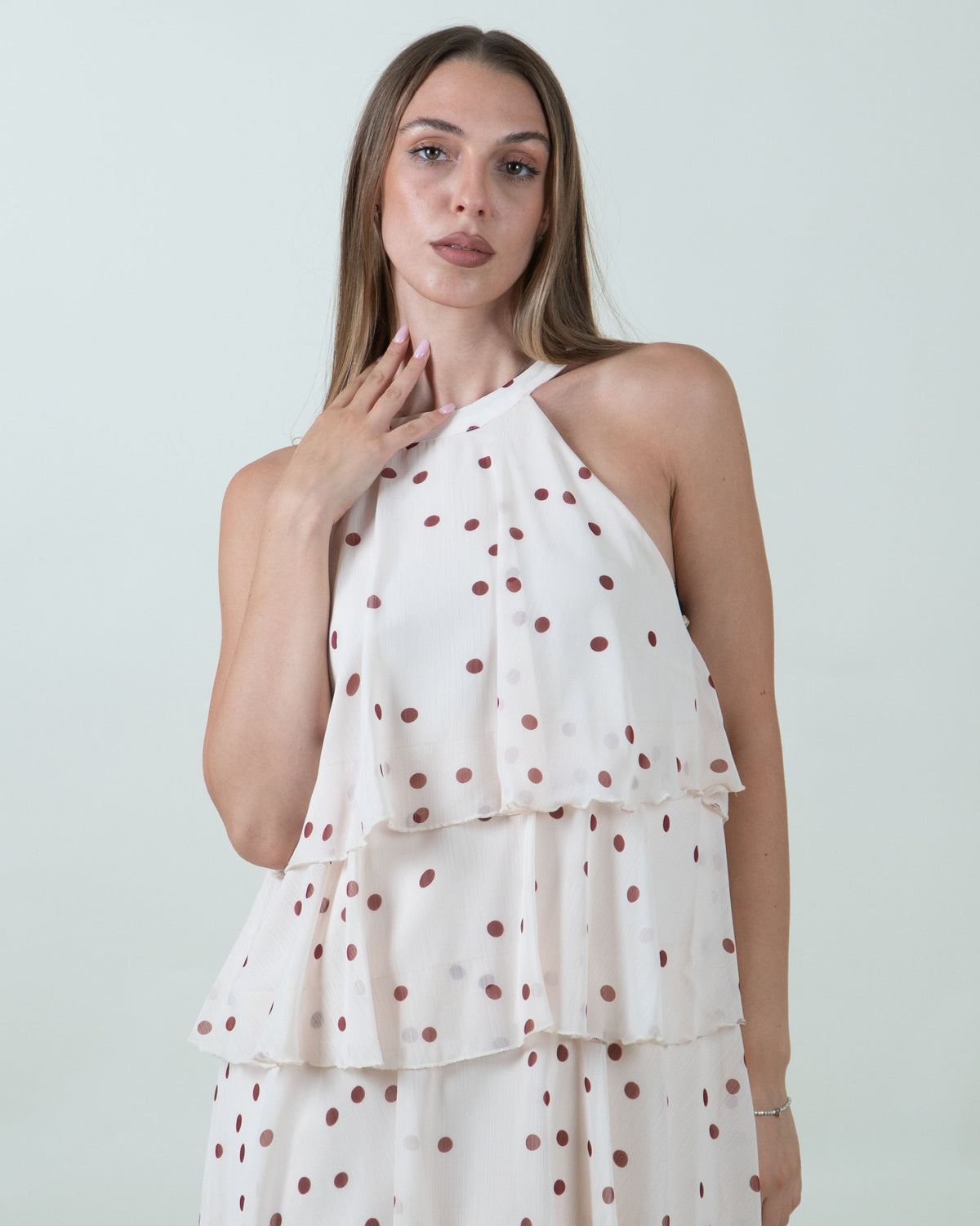 Abito midi a balze con stampa pois|Colore:Tegola 3