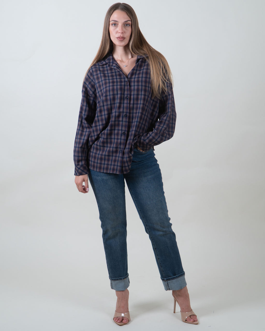 Camicia oversize a quadri blu e marrone|Colore:Blu