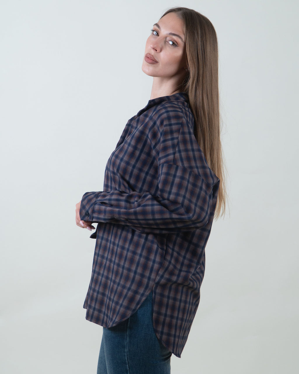 Camicia oversize a quadri blu e marrone|Colore:Blu