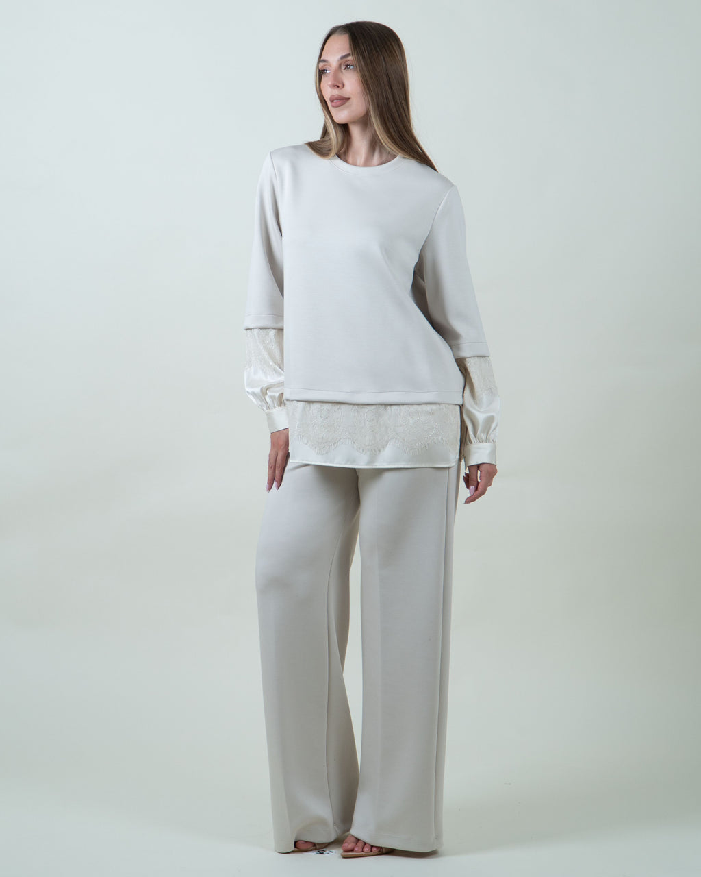 Felpa panna con inserti in pizzo|Colore:Burro