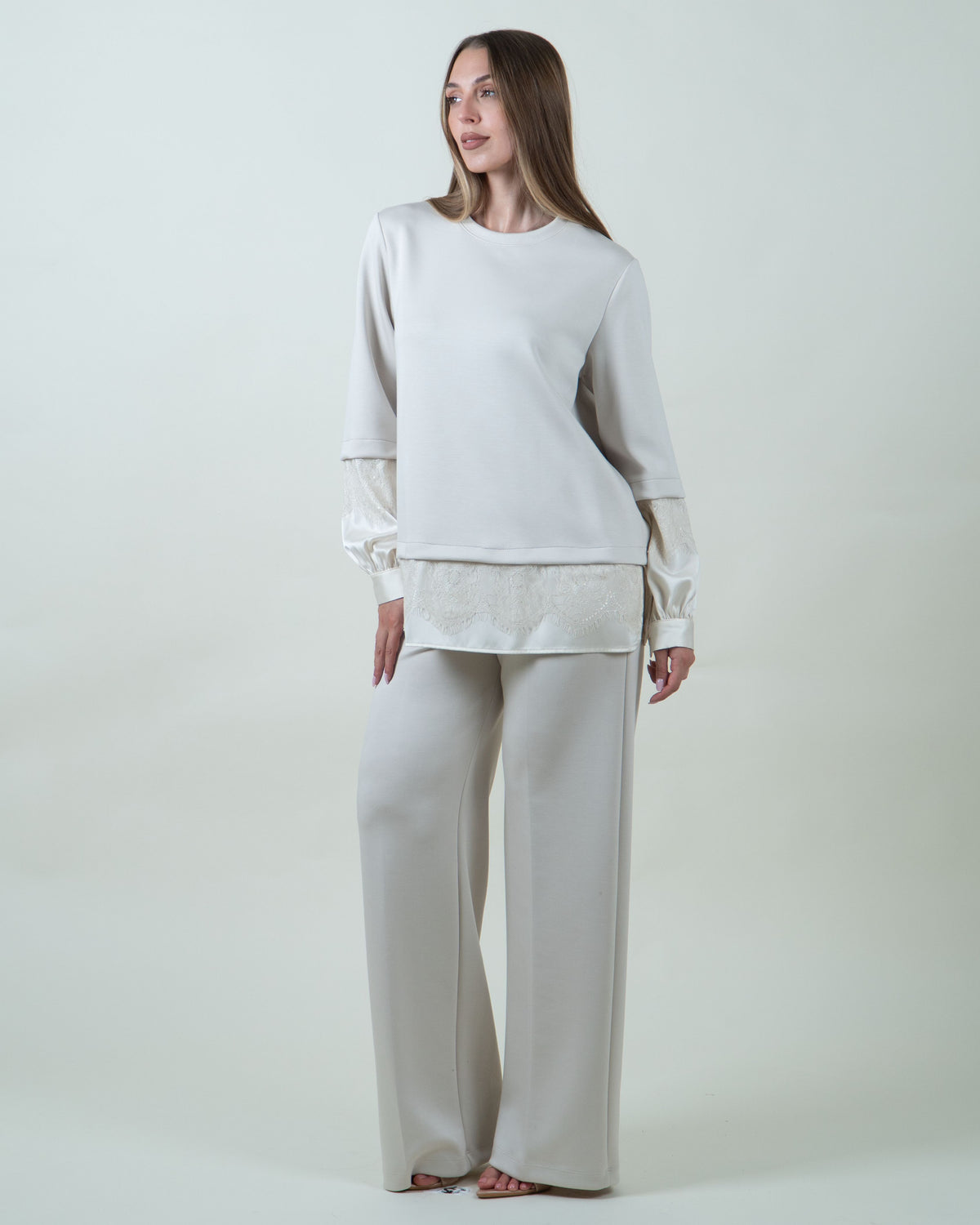 Felpa panna con inserti in pizzo|Colore:Burro