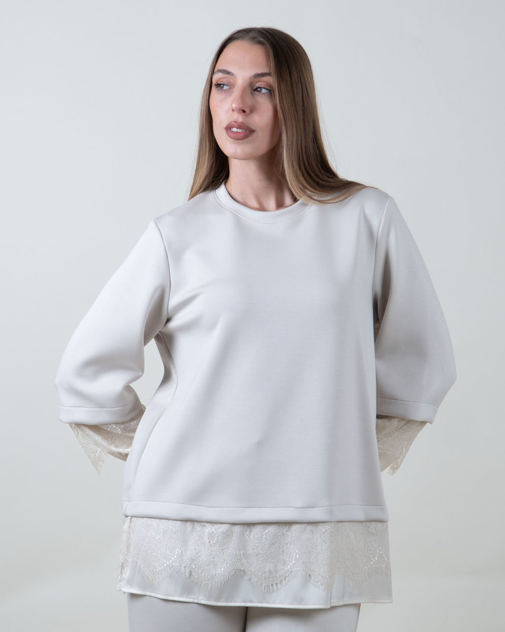 Felpa panna con inserti in pizzo|Colore:Burro