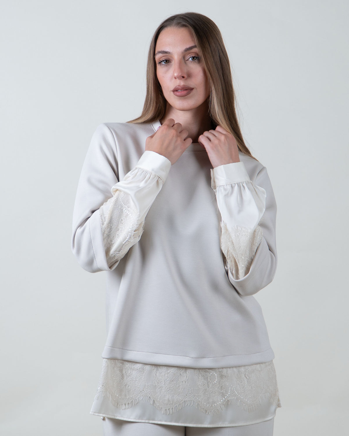 Felpa panna con inserti in pizzo|Colore:Burro