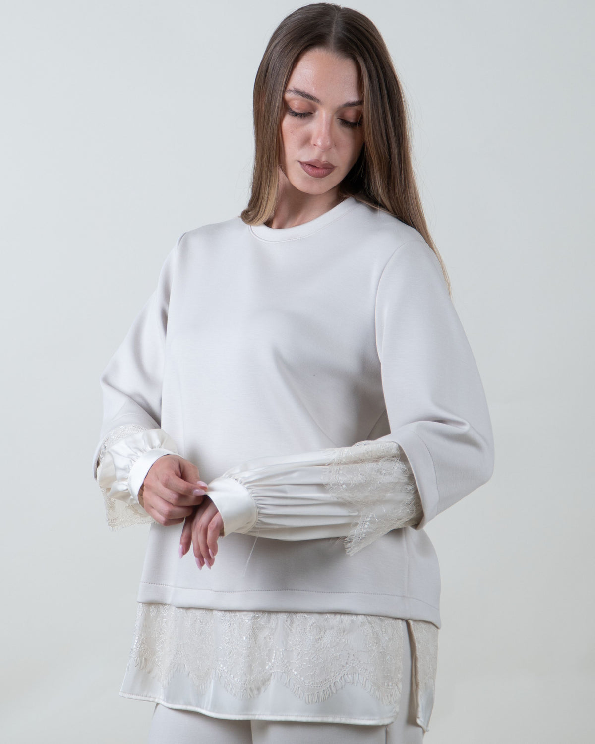 Felpa panna con inserti in pizzo|Colore:Burro