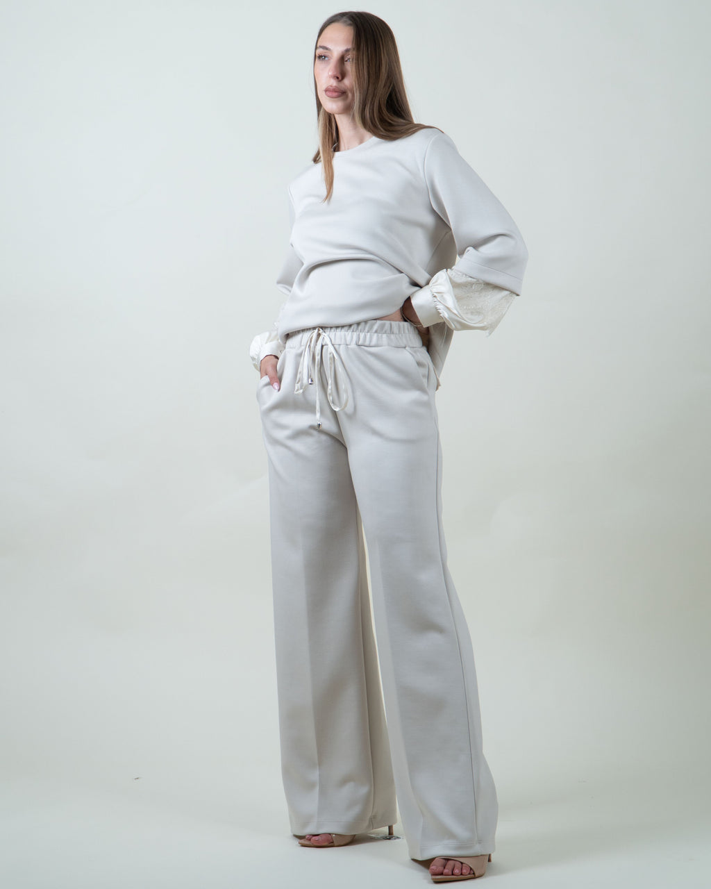 Pantaloni palazzo panna in felpa|Colore:Burro