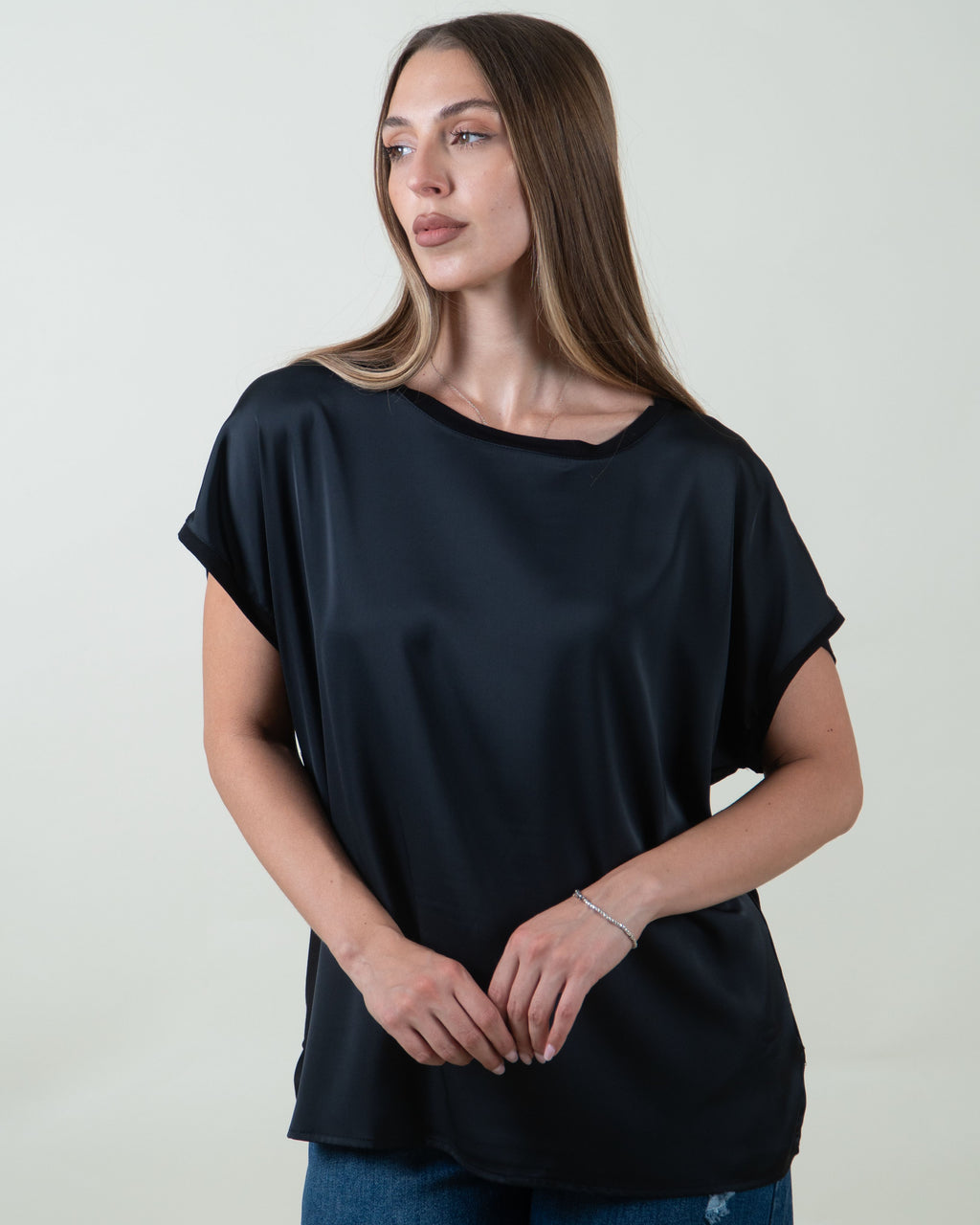 Maglia bimaterica a maniche corte|Colore:Nero