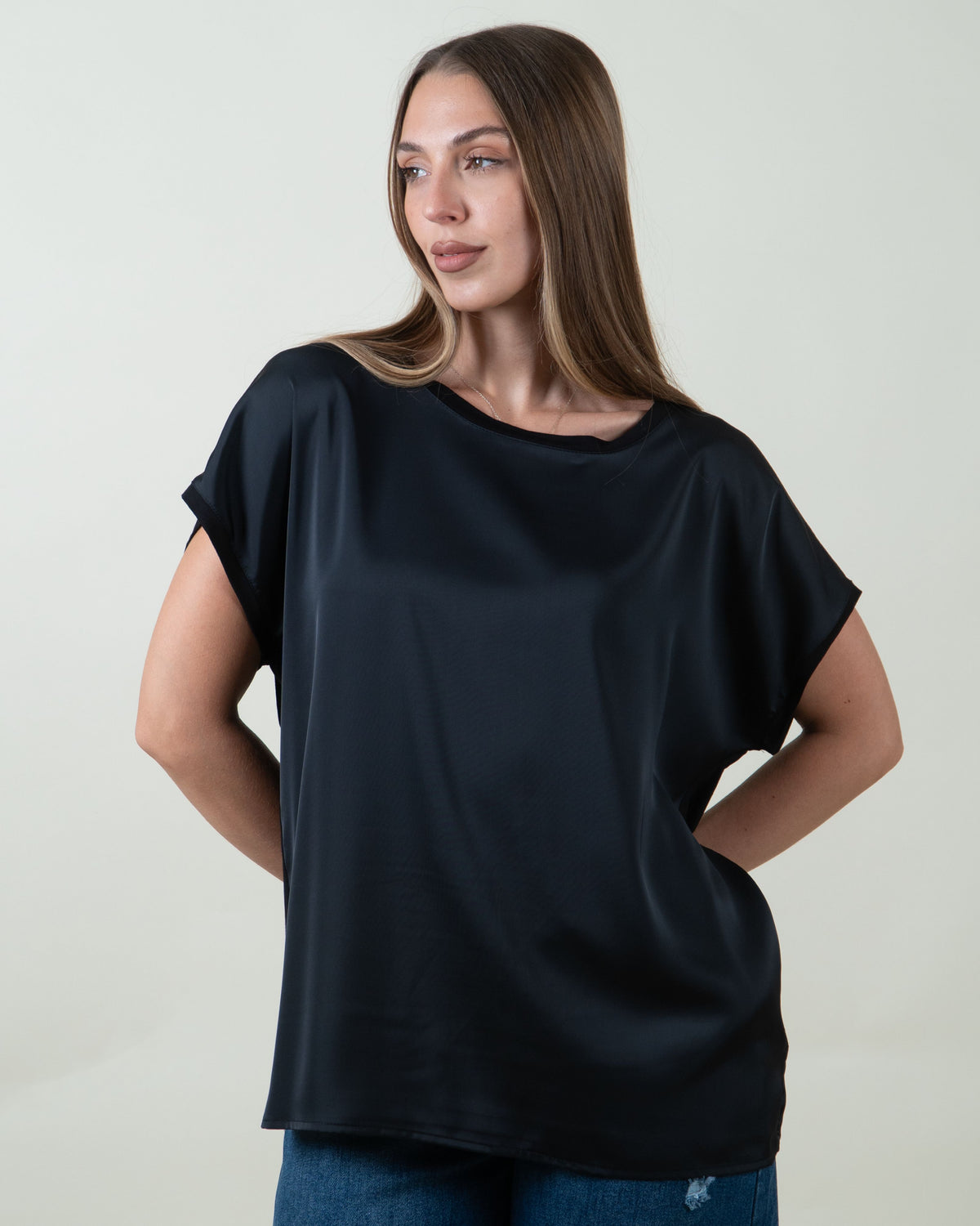 Maglia bimaterica a maniche corte|Colore:Nero