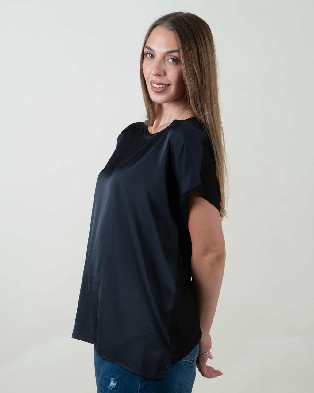 Maglia bimaterica a maniche corte|Colore:Nero