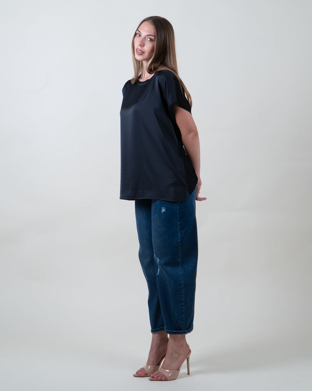 Maglia bimaterica a maniche corte|Colore:Nero