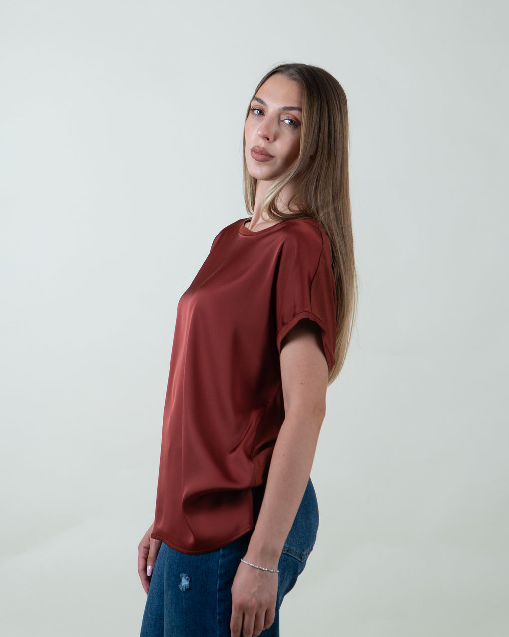 Maglia bimaterica a maniche corte|Colore:Mattone