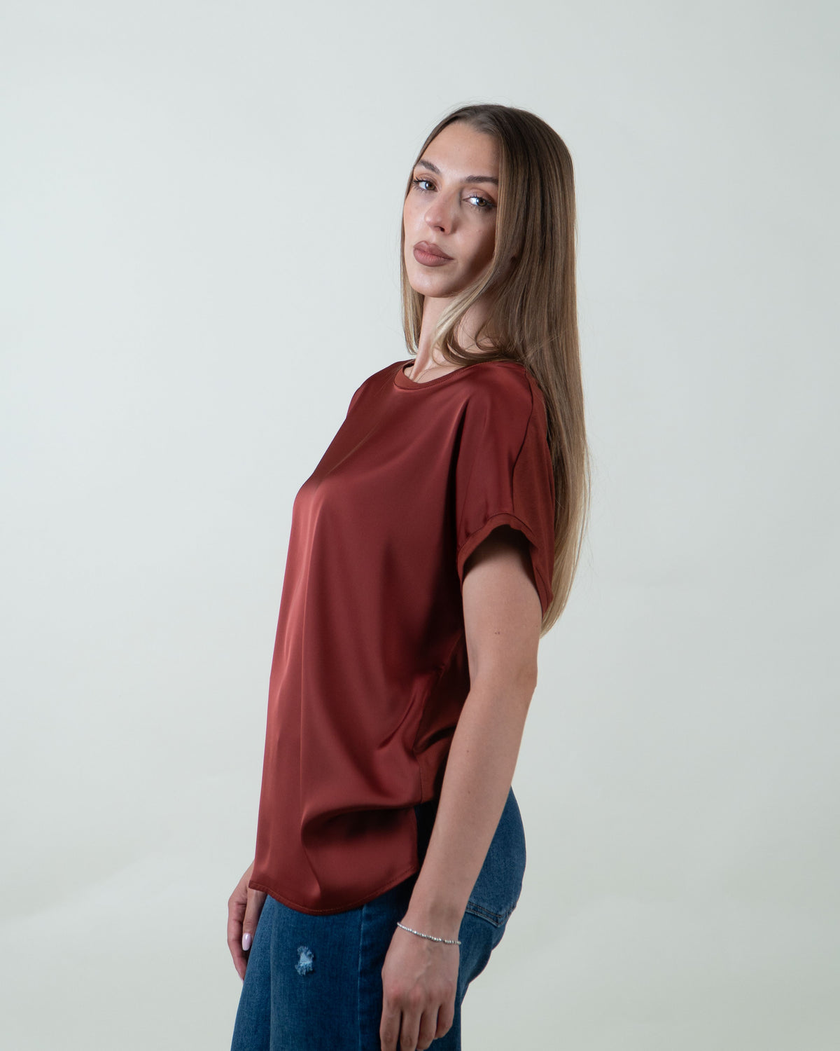Maglia bimaterica a maniche corte|Colore:Mattone