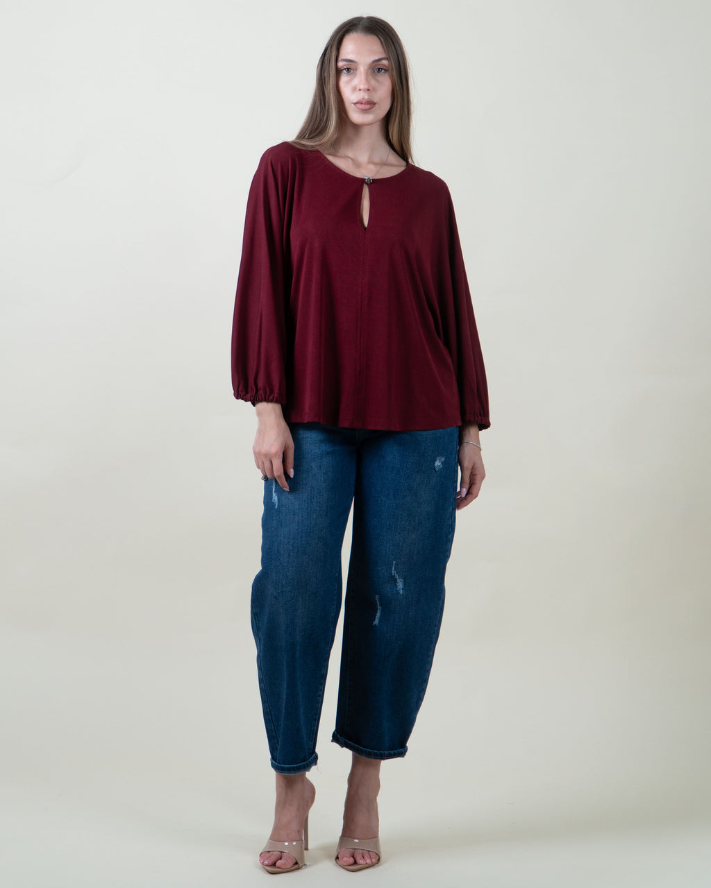 Maglia con apertura a goccia e maniche ampie|Colore:Bordeaux