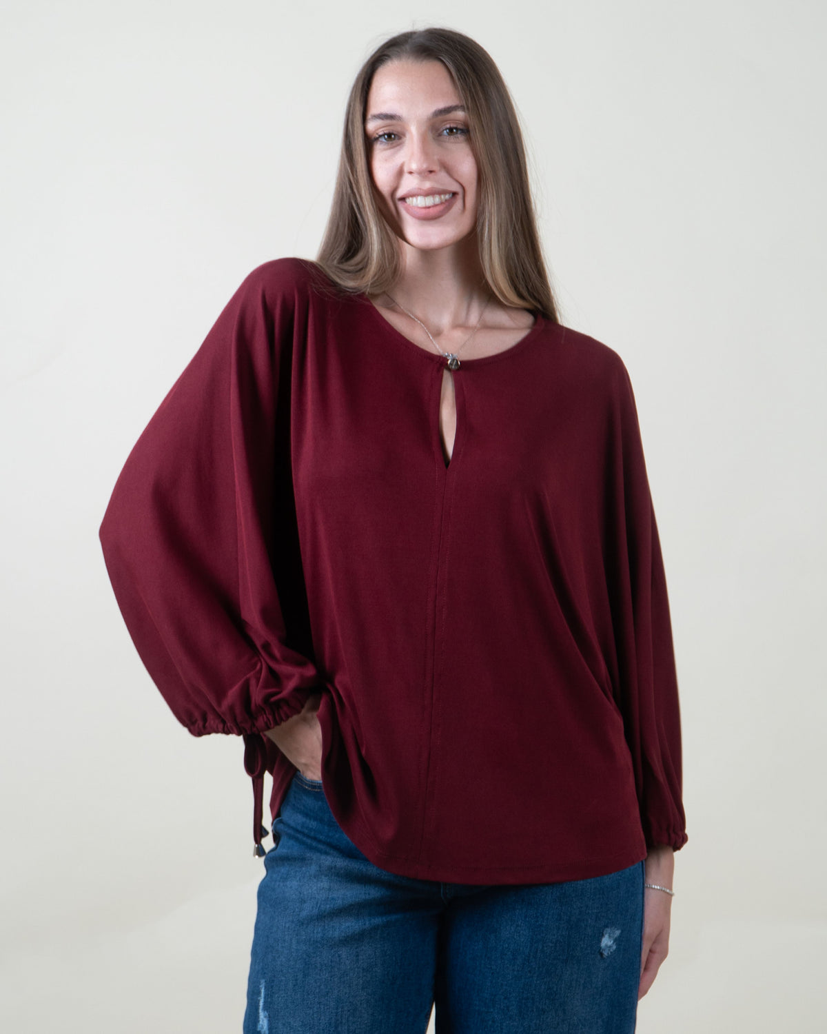Maglia con apertura a goccia e maniche ampie|Colore:Bordeaux