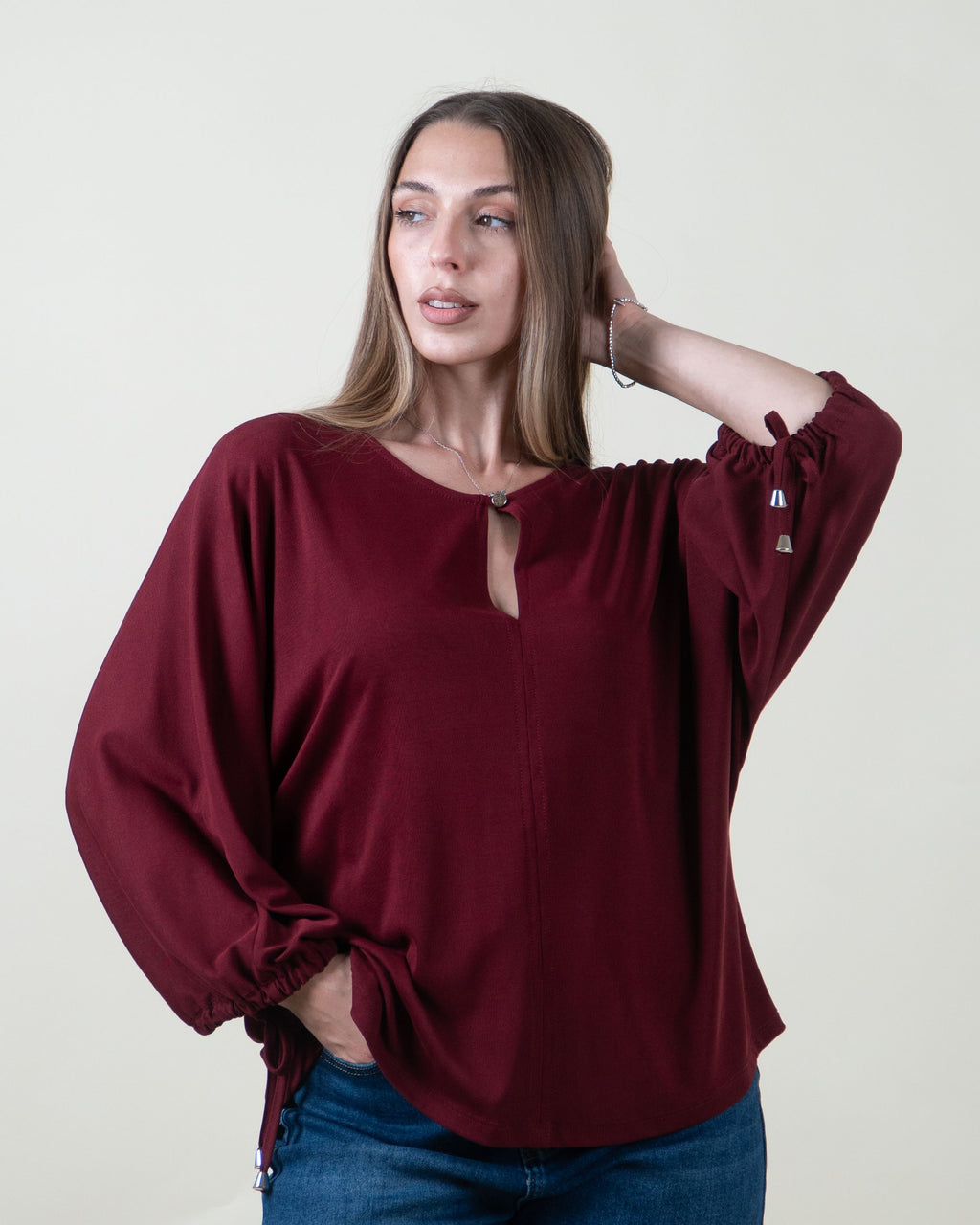 Maglia con apertura a goccia e maniche ampie|Colore:Bordeaux