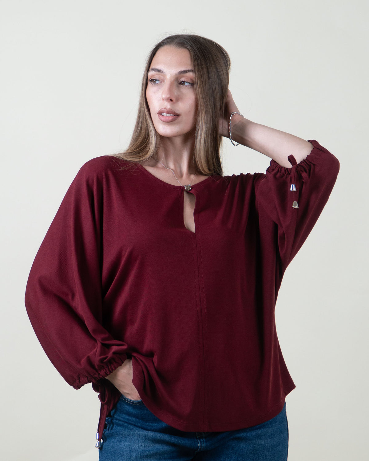 Maglia con apertura a goccia e maniche ampie|Colore:Bordeaux