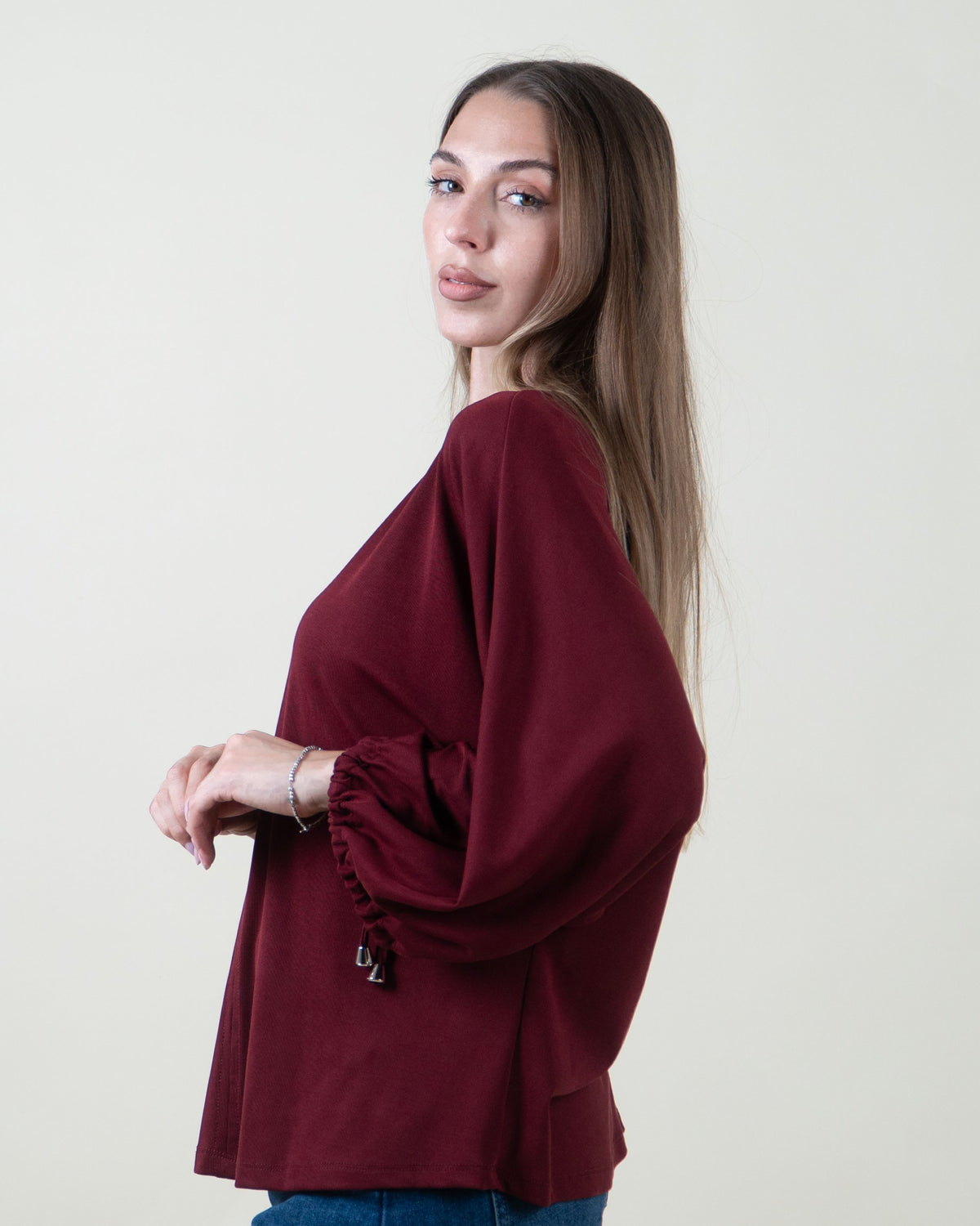 Maglia con apertura a goccia e maniche ampie|Colore:Bordeaux