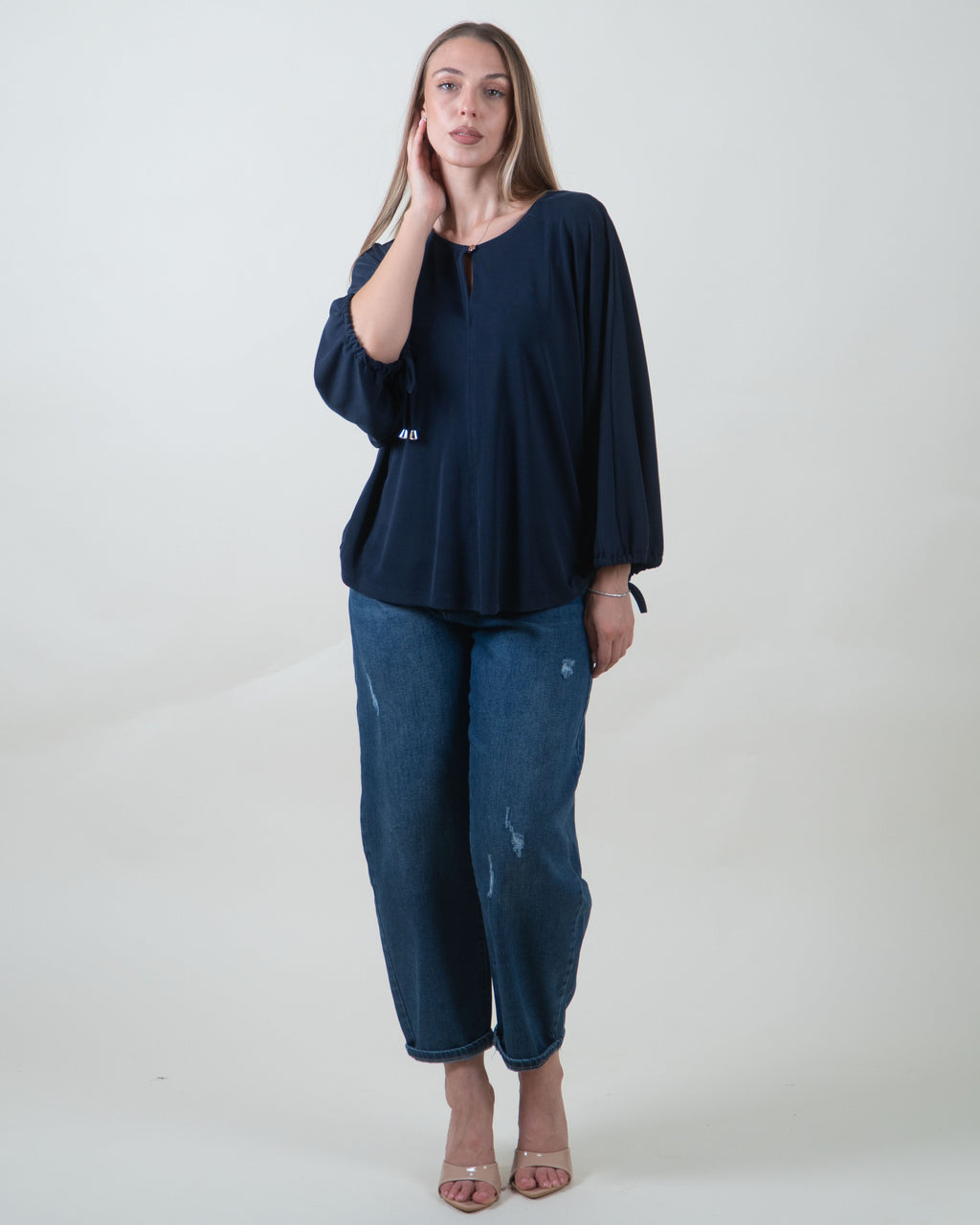 Maglia con apertura a goccia e maniche ampie|Colore:Blu