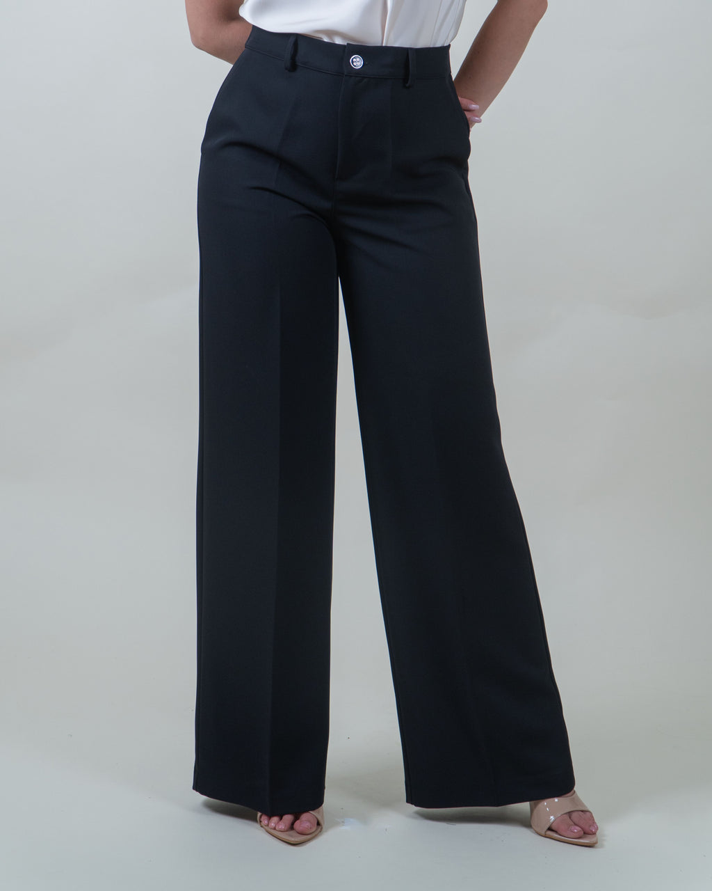Pantaloni neri a gamba larga in cady|Colore:Nero 1
