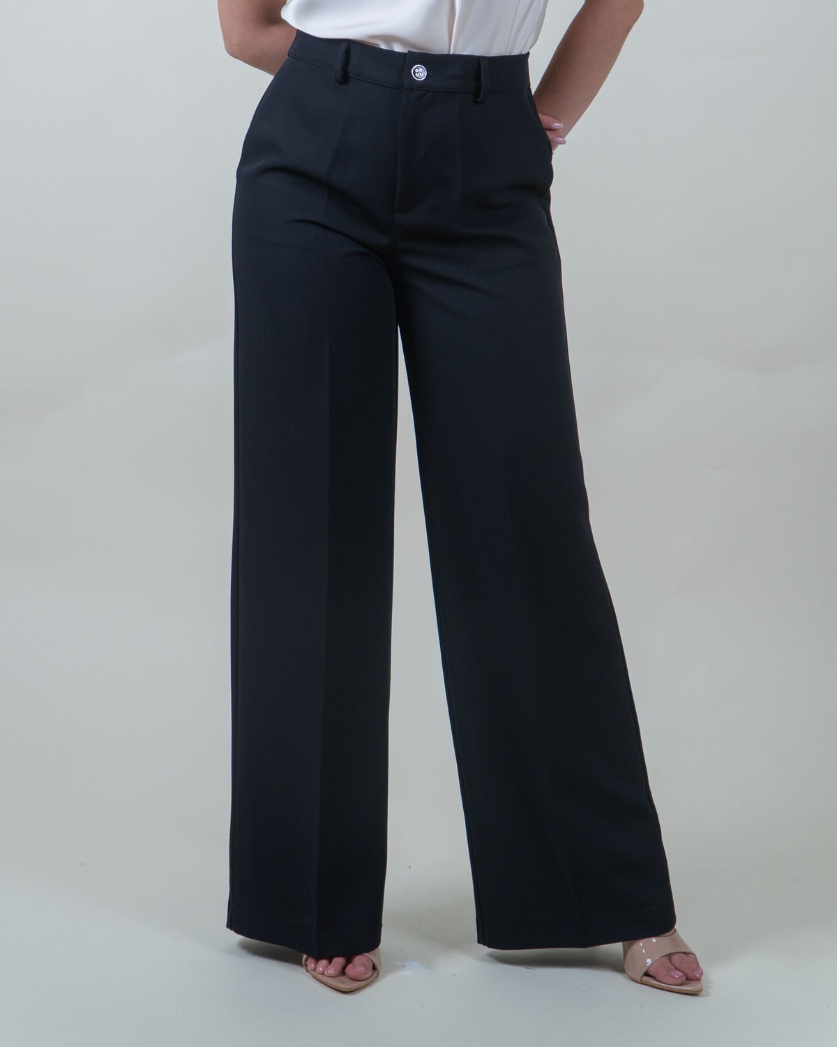 Pantaloni neri a gamba larga in cady|Colore:Nero 1