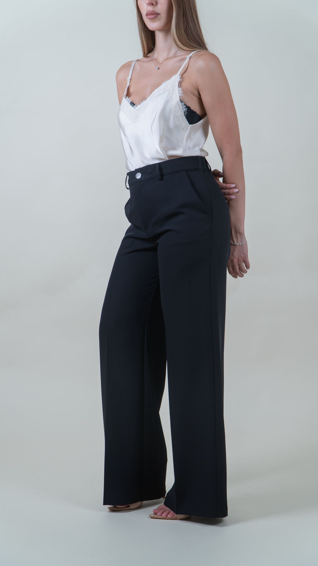Pantaloni neri a gamba larga in cady|Colore:Nero 1
