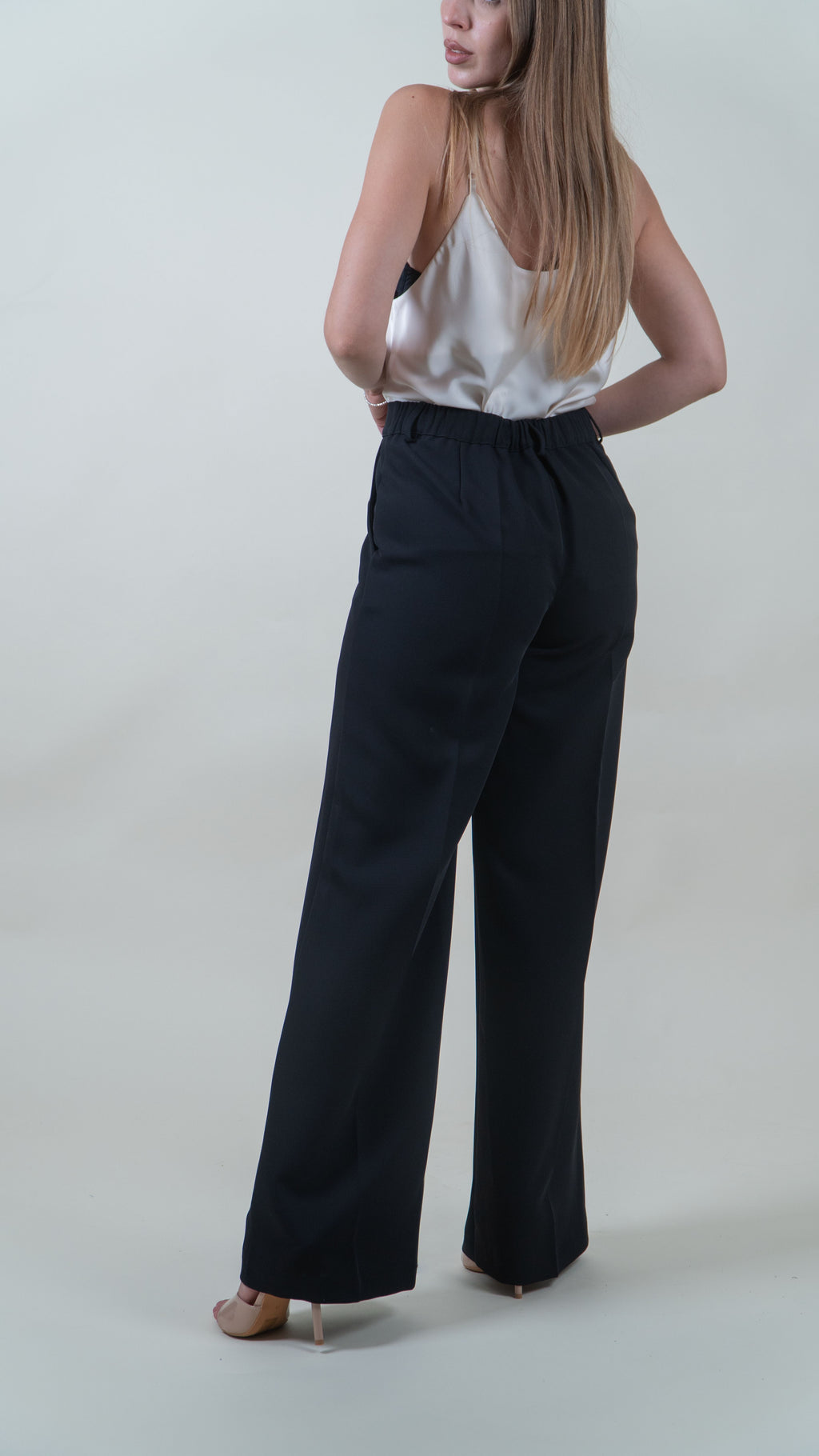 Pantaloni neri a gamba larga in cady|Colore:Nero 1