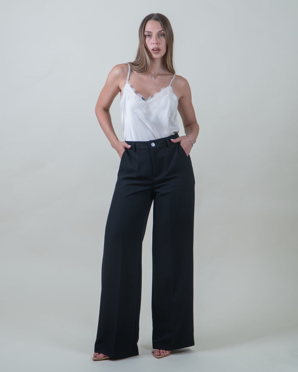 Pantaloni neri a gamba larga in cady|Colore:Nero 1