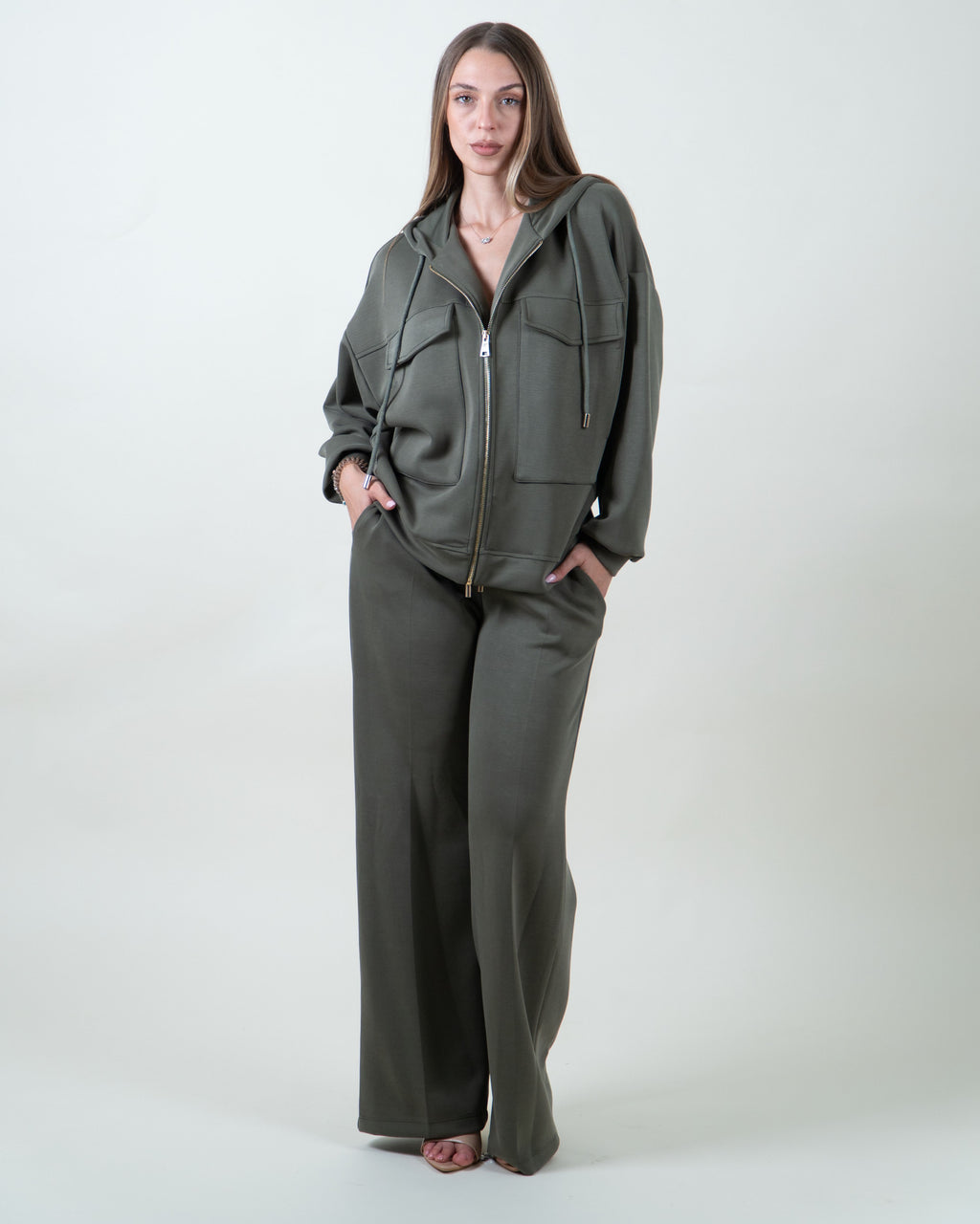 Felpa verde militare oversize con cappuccio e tasc|Colore:Verde militare