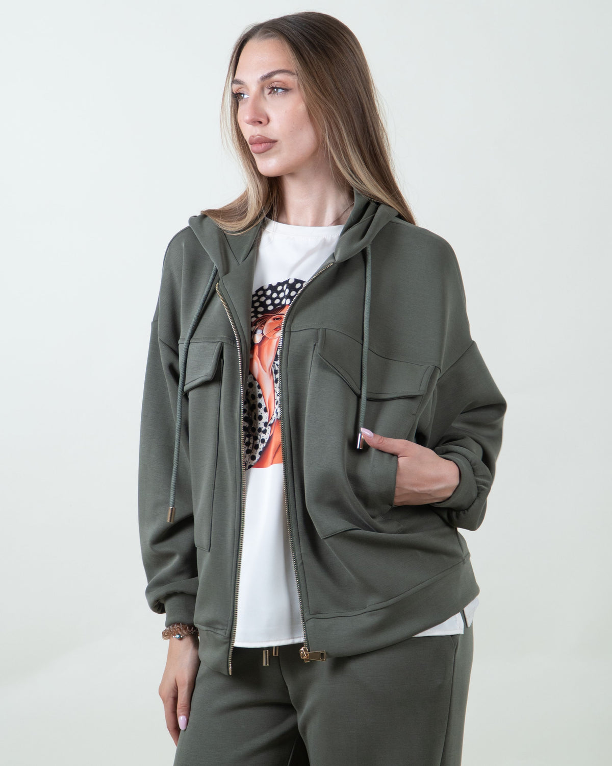 Felpa verde militare oversize con cappuccio e tasc|Colore:Verde militare