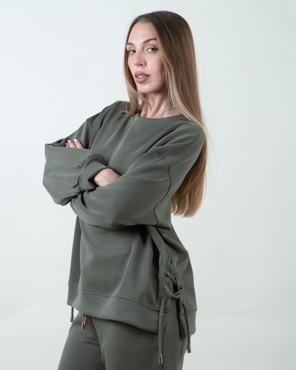 Felpa verde militare oversize con coulisse|Colore:Verde militare