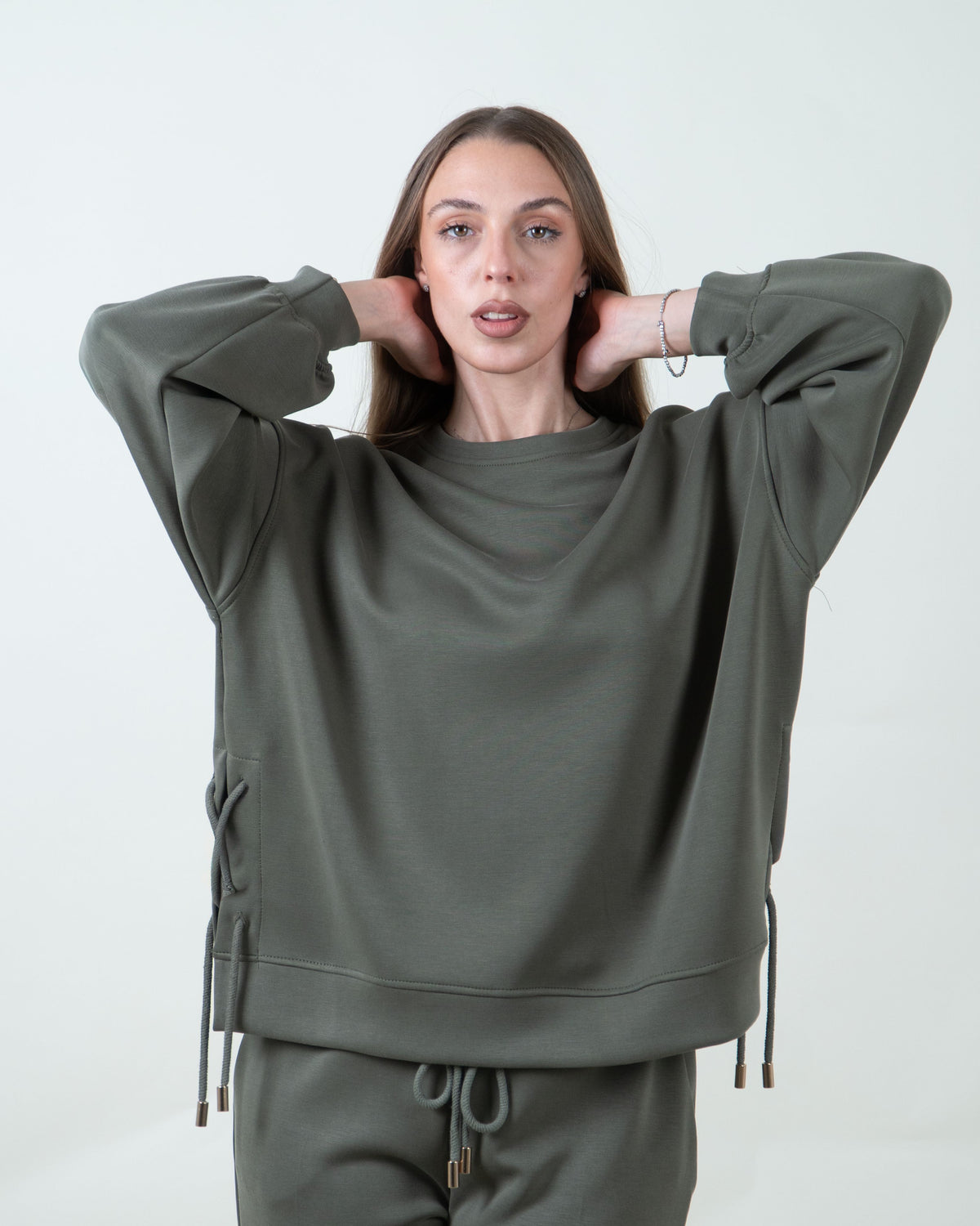 Felpa verde militare oversize con coulisse|Colore:Verde militare