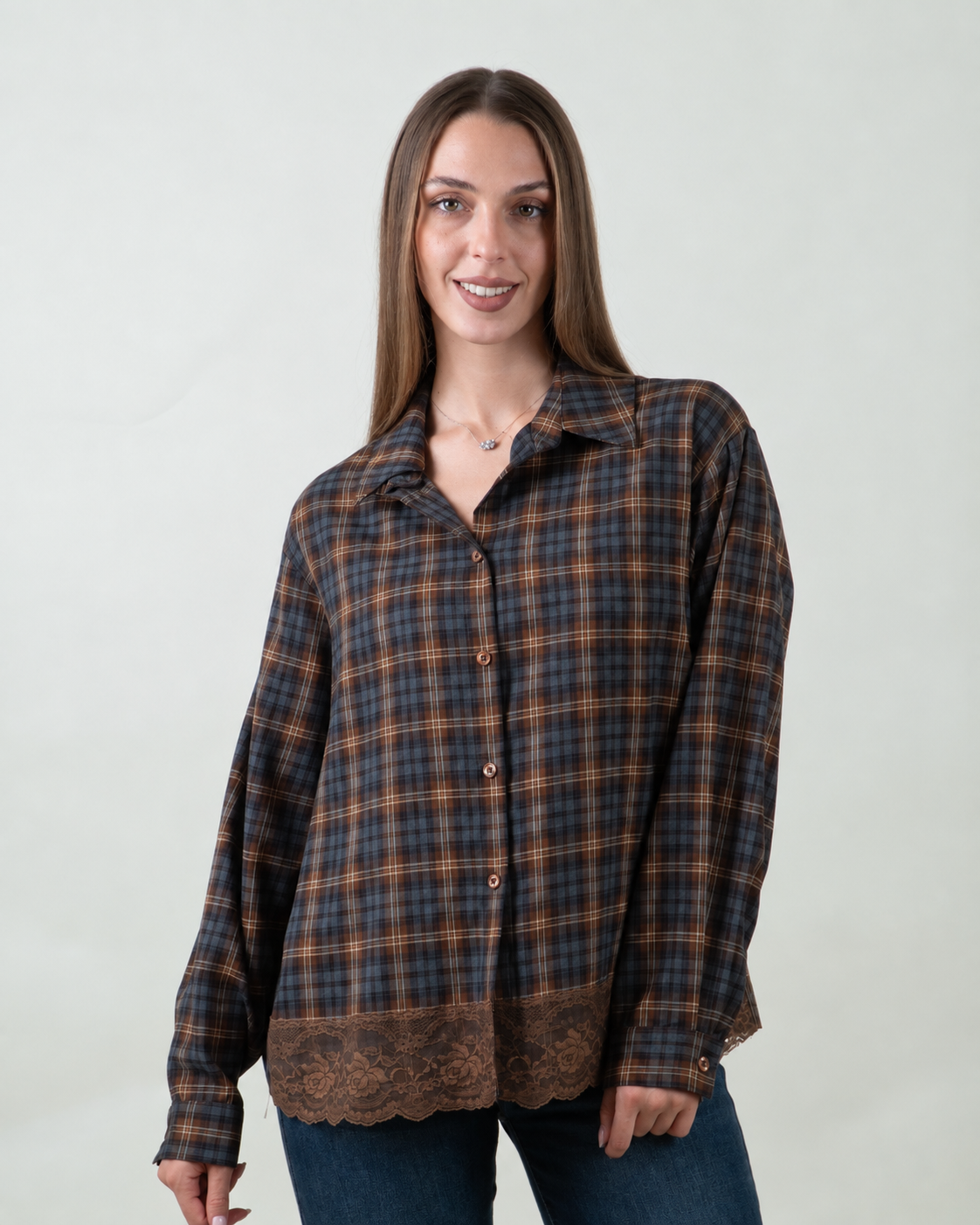 Camicia tartan con inserto in pizzo|Colore:Nocciola