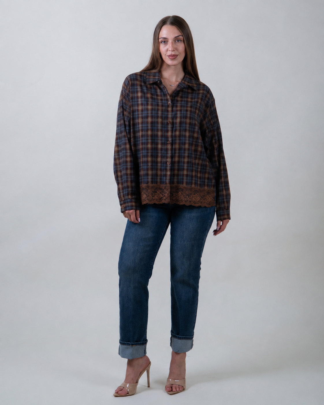 Camicia tartan con inserto in pizzo|Colore:Nocciola