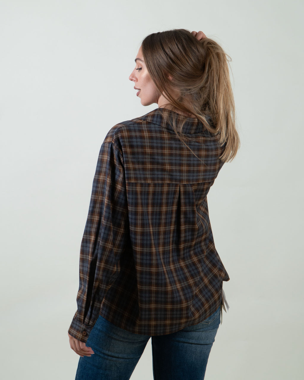 Camicia tartan con inserto in pizzo|Colore:Nocciola