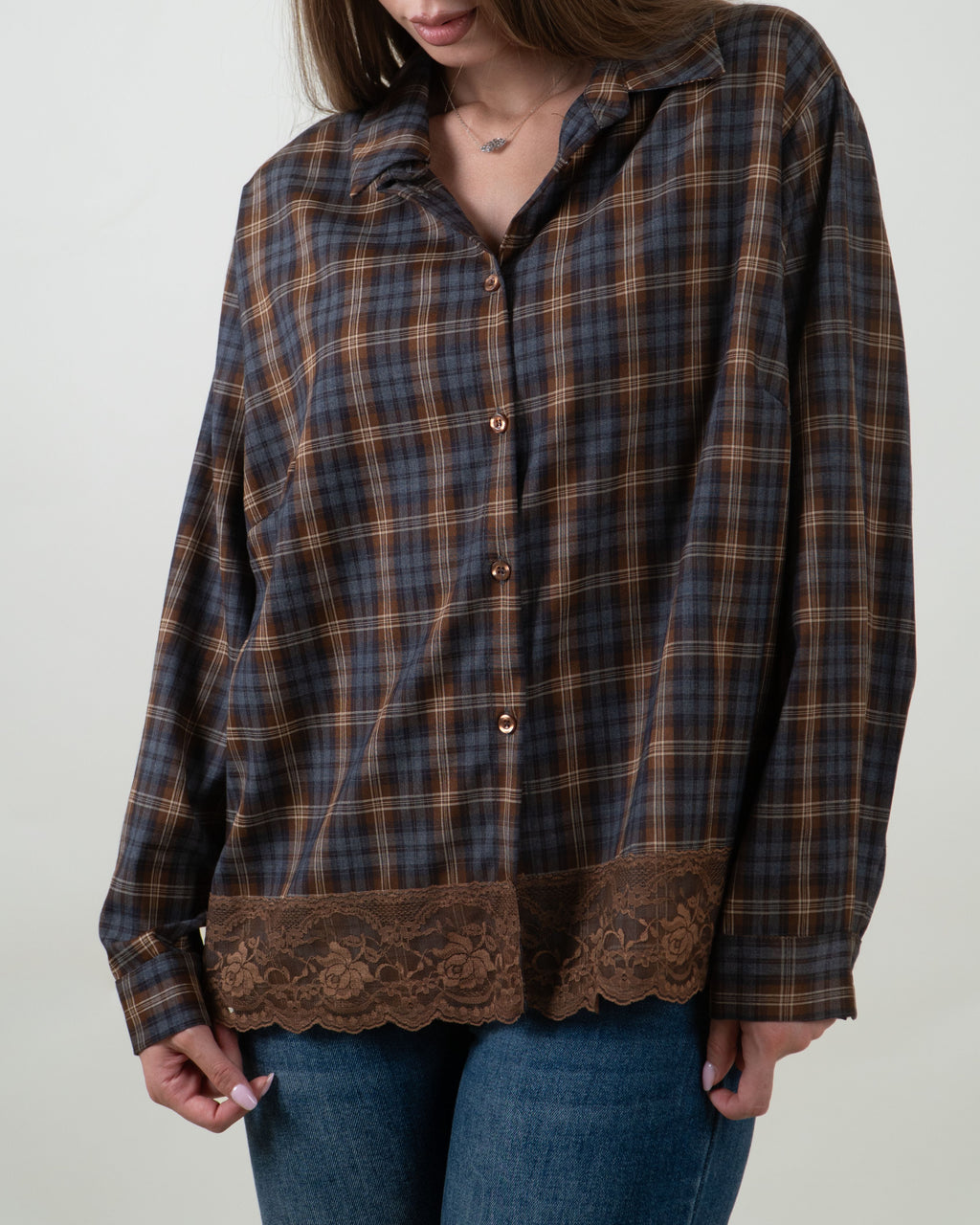 Camicia tartan con inserto in pizzo|Colore:Nocciola