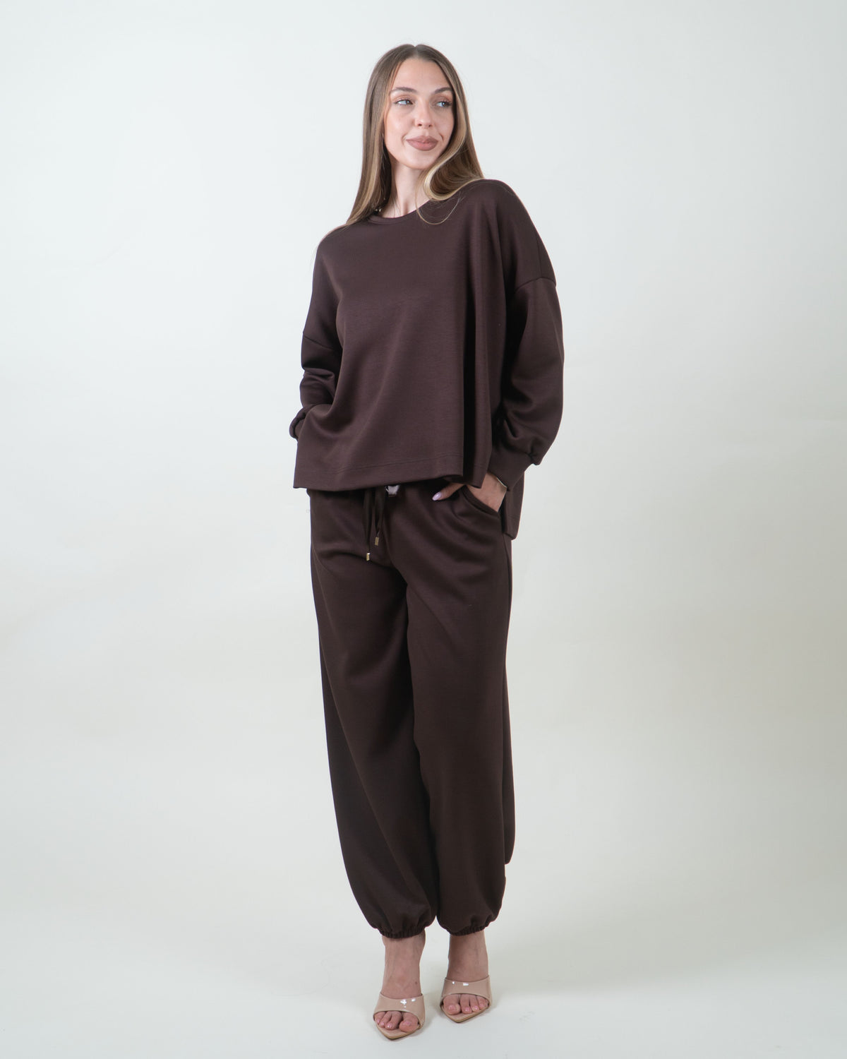 Felpa oversize marrone girocollo|Colore:Marrone