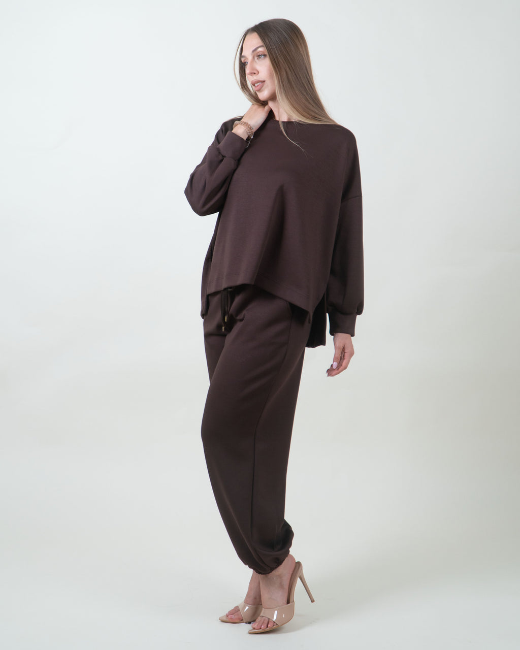 Felpa oversize marrone girocollo|Colore:Marrone