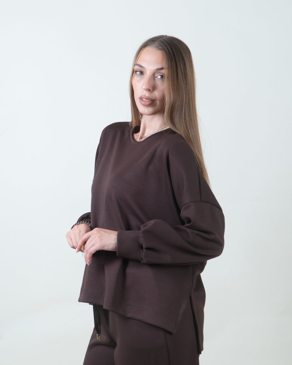 Felpa oversize marrone girocollo|Colore:Marrone
