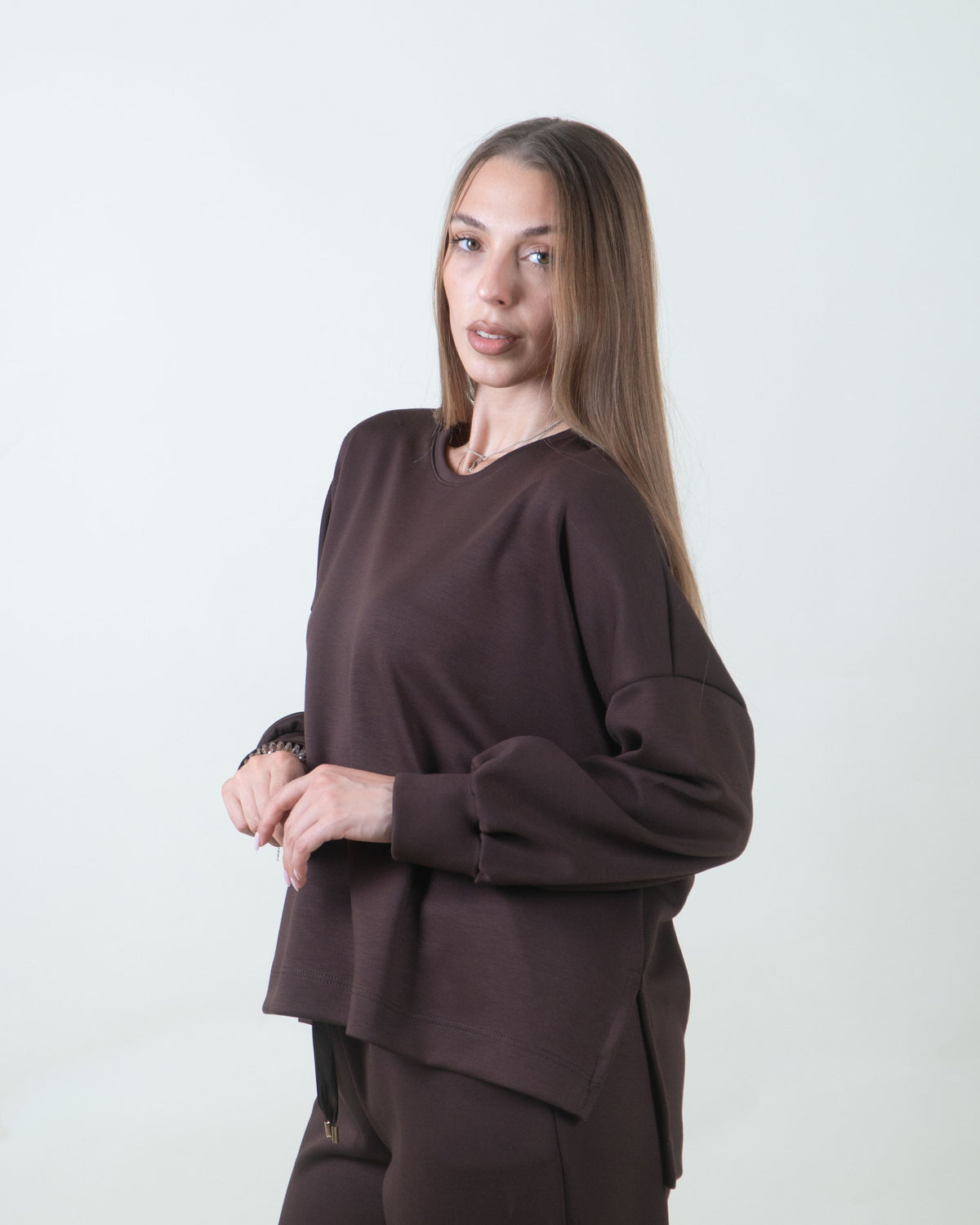 Felpa oversize marrone girocollo|Colore:Marrone