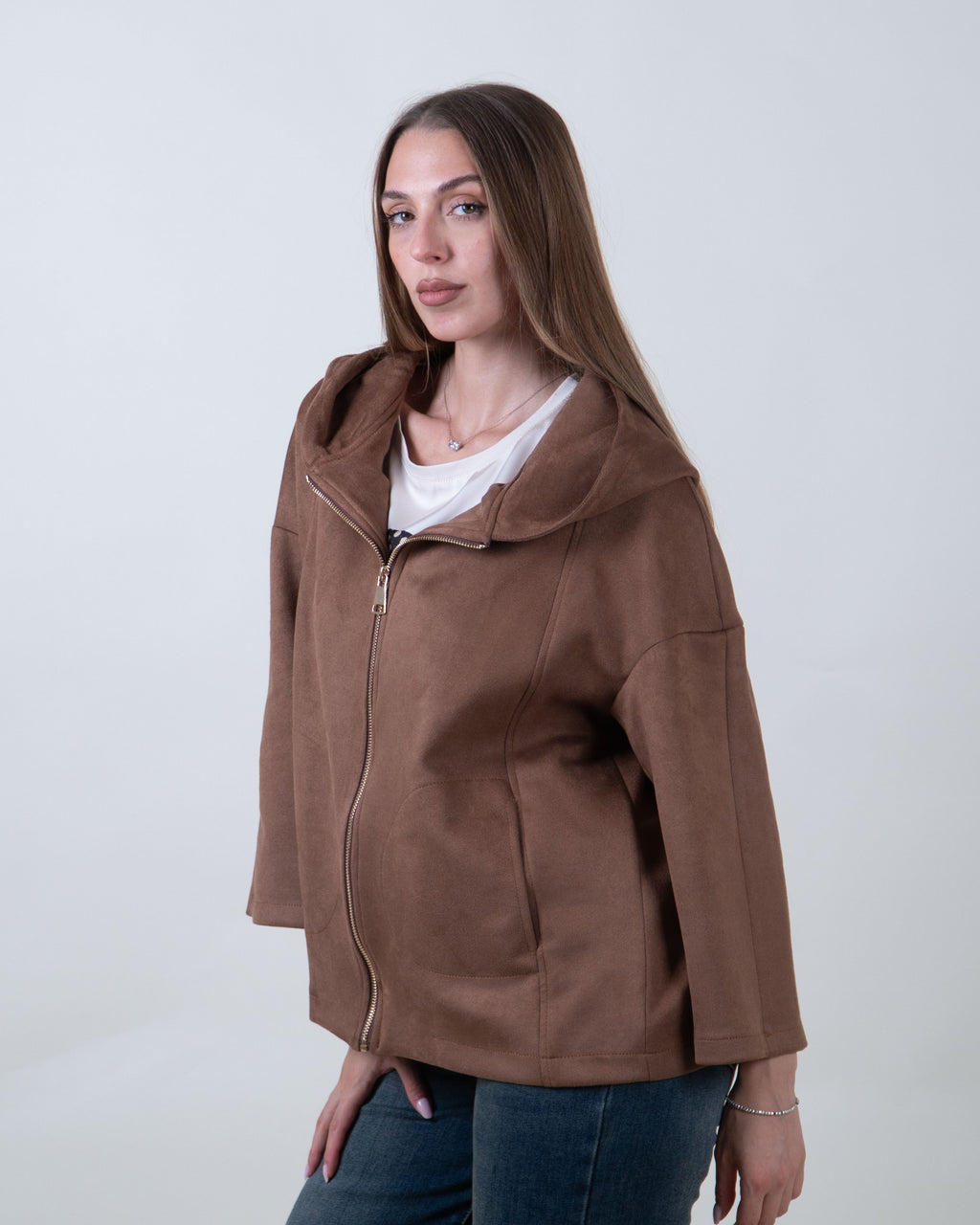 Giacca marrone effetto suede con cappuccio|Colore:Marrone