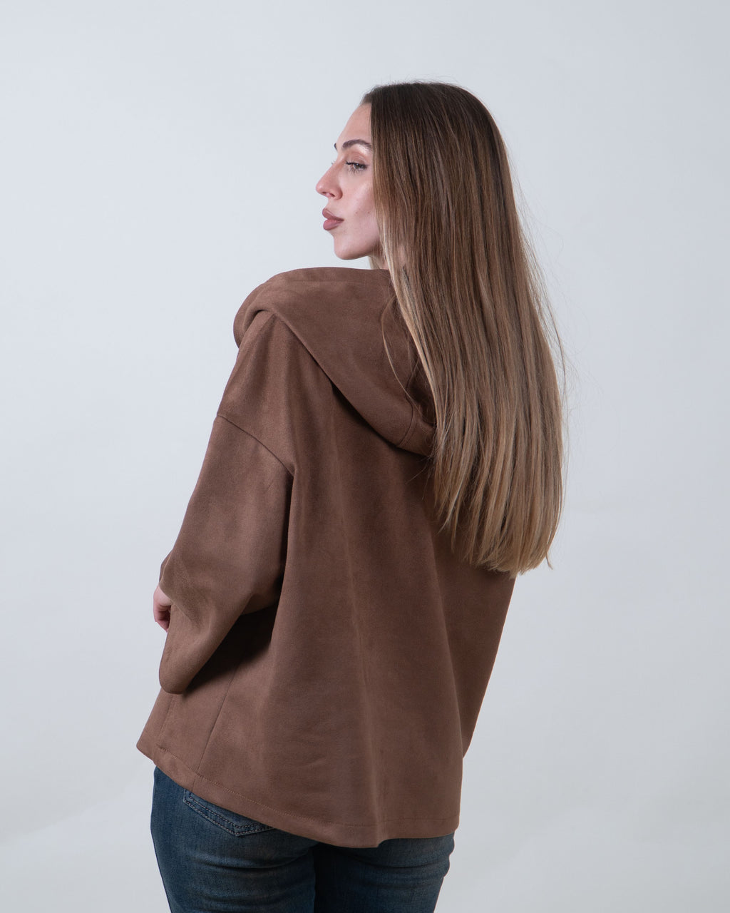 Giacca marrone effetto suede con cappuccio|Colore:Marrone