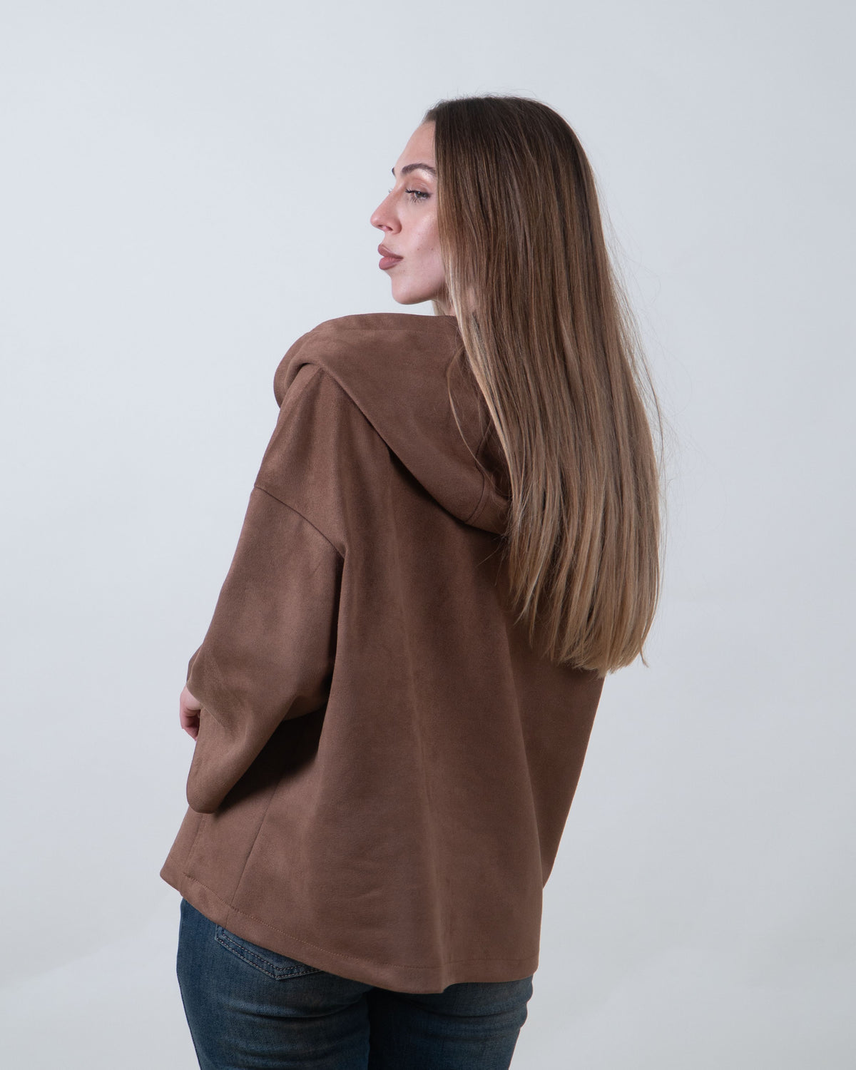 Giacca marrone effetto suede con cappuccio|Colore:Marrone