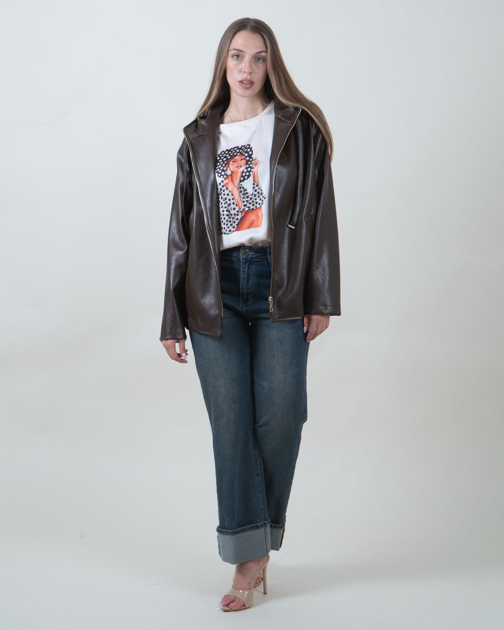 Giacca marrone effetto pelle con cappuccio|Colore:Marrone
