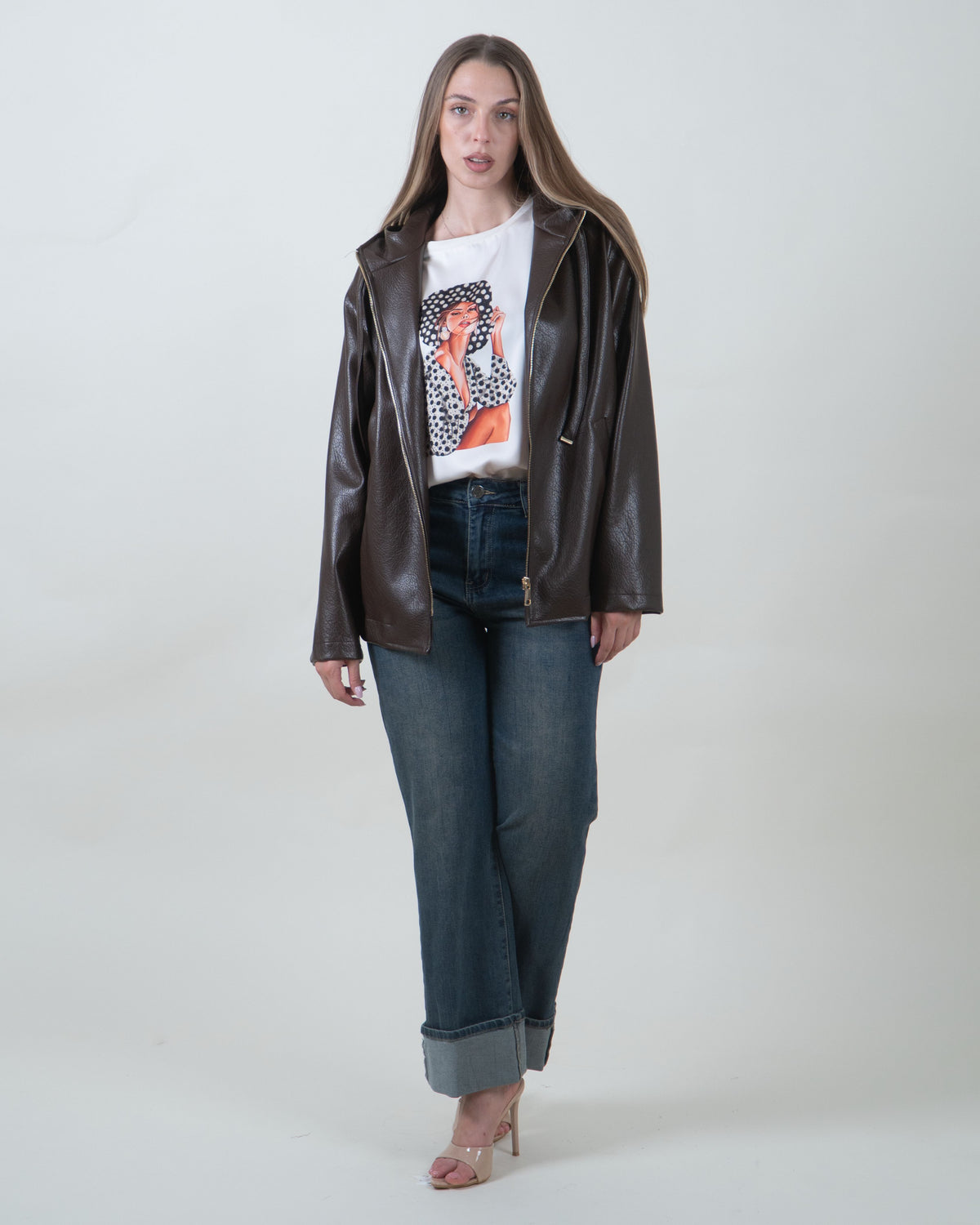 Giacca marrone effetto pelle con cappuccio|Colore:Marrone